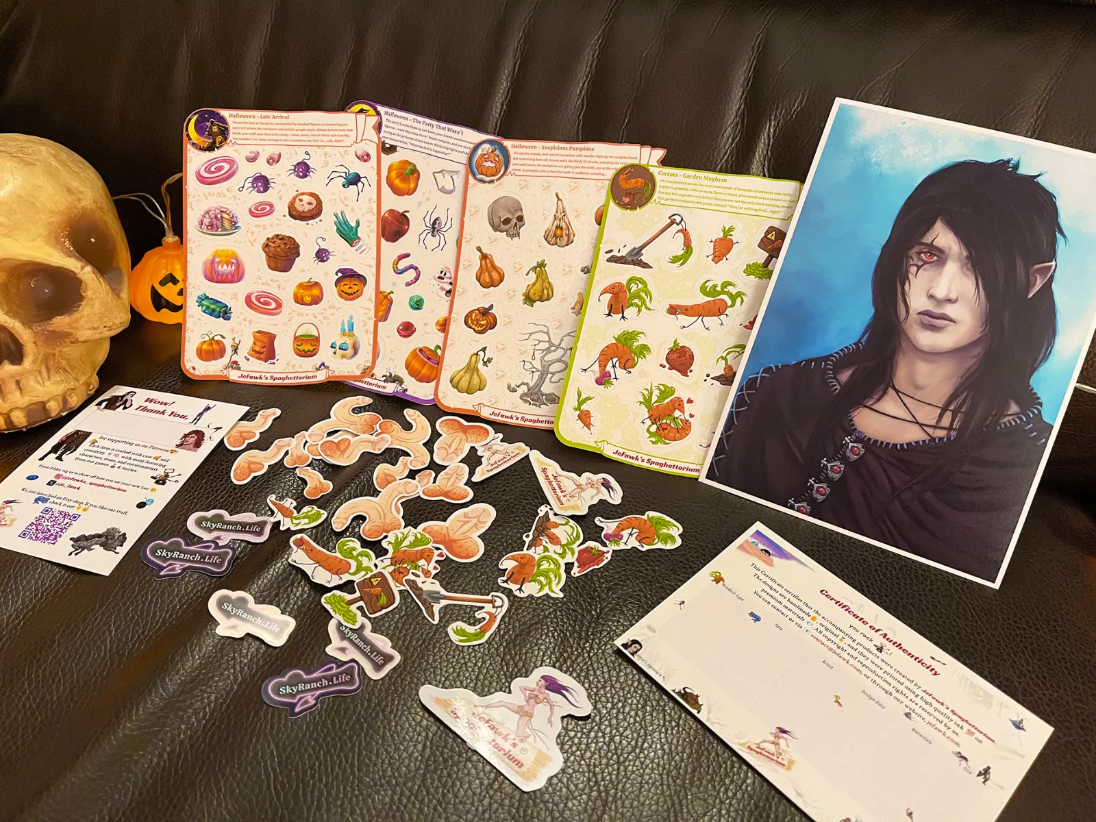 A Loot Box intended for Patrons. Includes a random amount of cute halloween stickers, cute pesky corrats, nsfw penis stickers, a print, thank you art card, and certifiacte of authenticity.