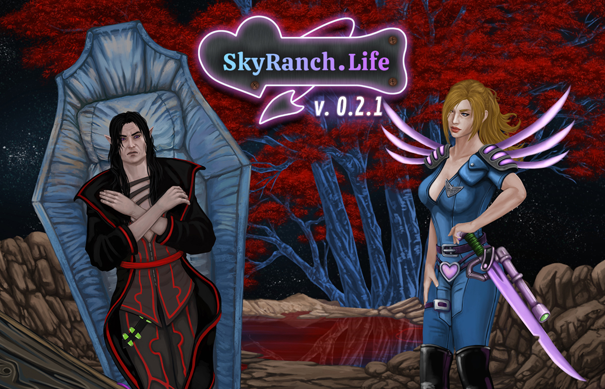 SkyRanch.Life banner for version 0.2.1. Bat Rock - Leaky Willow. Vleed is in his coffin while Siren Sarah is pondering the type of punishment to apply.