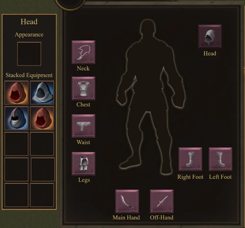 RPG system showing the character panel with stacking equipment