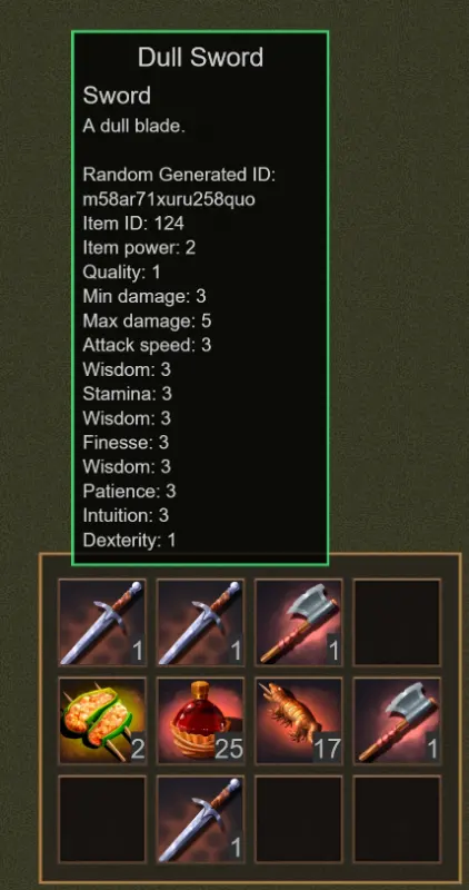 RPG system showing a randomly generated Dull Sword with multiple stats