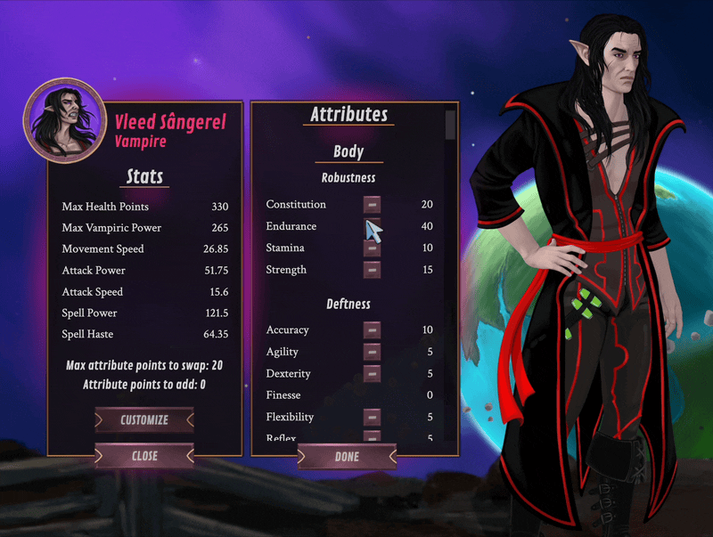 Customizing Vleed Sangerel's stats, adding all in Intelligence, this won't end well.
