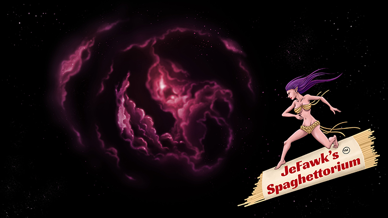 JeFawk's Spaghettorium logo - an elf lady riding spaghetti in outerspace landing down on a computer near you